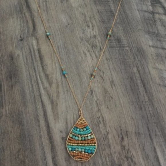 Long Gold Colored Boho Beaded Teardrop Necklace - Picture 3 of 4